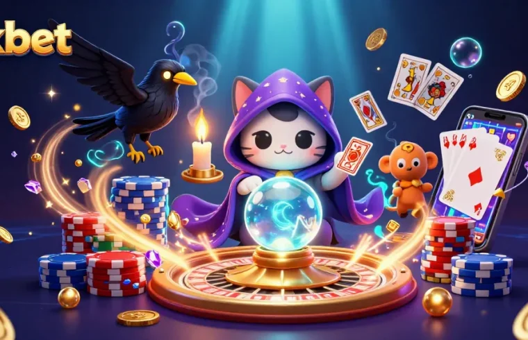 8xbet's vibrant casino scene with fortune teller and raven creating a mystical gambling atmosphere