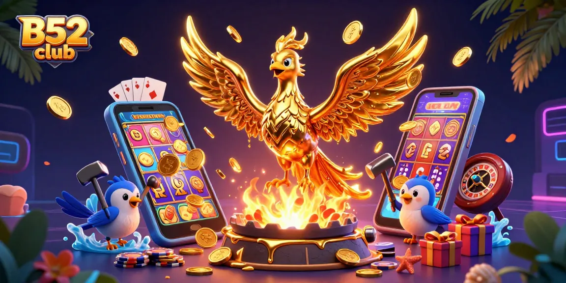 B52 club offers special gaming experiences with a gold phoenix and lively casino elements.