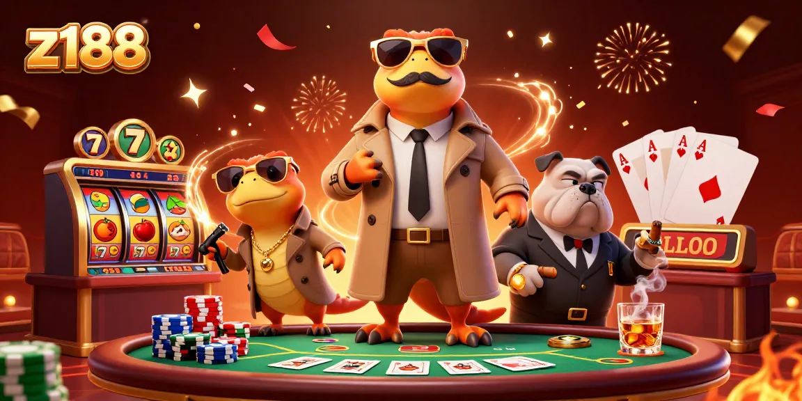 Experience thrilling gameplay at z188 with cartoon raptors entering a VIP casino, surrounded by vibrant slot game elements.