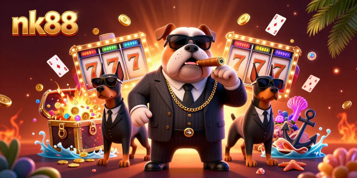 Spin and win at nk88 with an adventurous scene of a mafia boss and bodyguards amidst casino excitement.