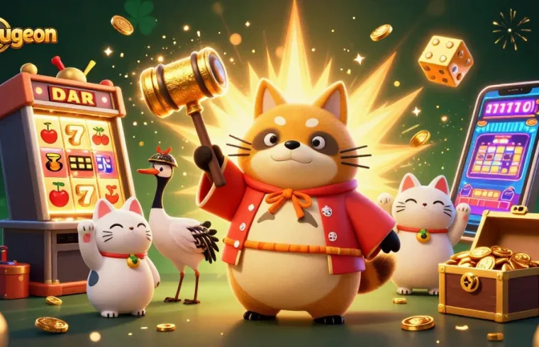 Experience the thrill of val-drugeon with cheerful characters celebrating casino wins in a vibrant 3D scene.