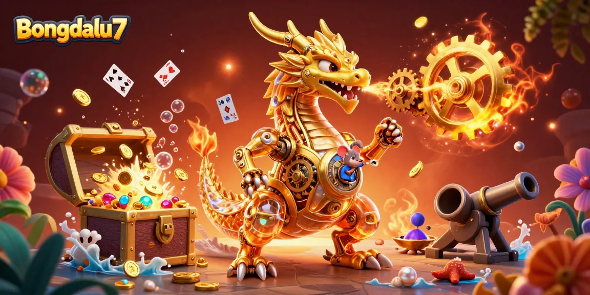 Bongdalu7 showcases a vibrant 3D dragon scene with dynamic gambling elements, highlighting action and excitement.