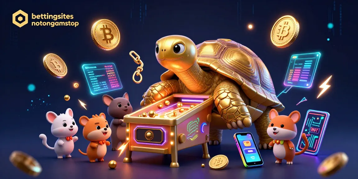 Engage with bettingsitesnotongamstop at vibrant crypto-themed casino scene featuring a golden tortoise.