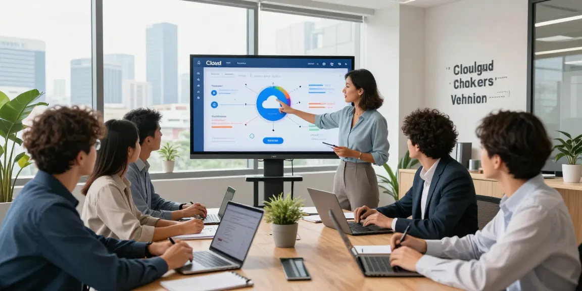 Team discussing cloud based phone system solutions in a modern office setting with digital displays and collaborative tools.