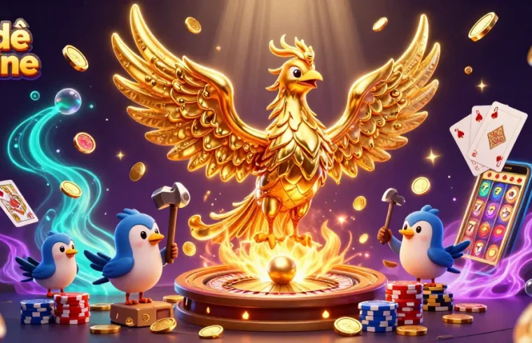 Experience the thrill of lô đề online with a dynamic scene featuring golden phoenix and casino elements.