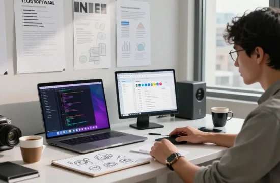 Build internal tools with AI in a modern workspace featuring coding, collaboration tools, and a creative atmosphere.