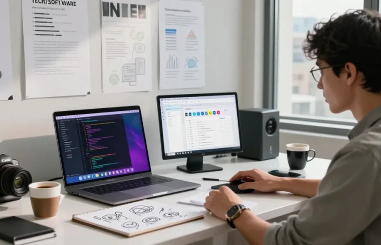 Build internal tools with AI in a modern workspace featuring coding, collaboration tools, and a creative atmosphere.