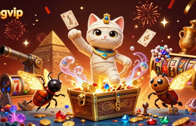 Bongvip offers an enchanting 3D scene featuring an Egyptian mummy cat and golden treasures in a vibrant casino.