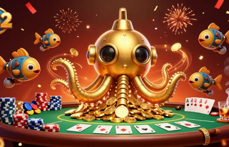 Engage with the dynamic b52 casino scene featuring a golden kraken submarine amidst poker elements, capturing excitement.