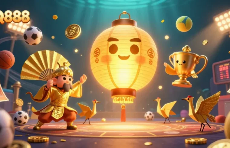 Experience the thrill of QQ888 with vibrant casino spirit characters and dynamic sports elements.