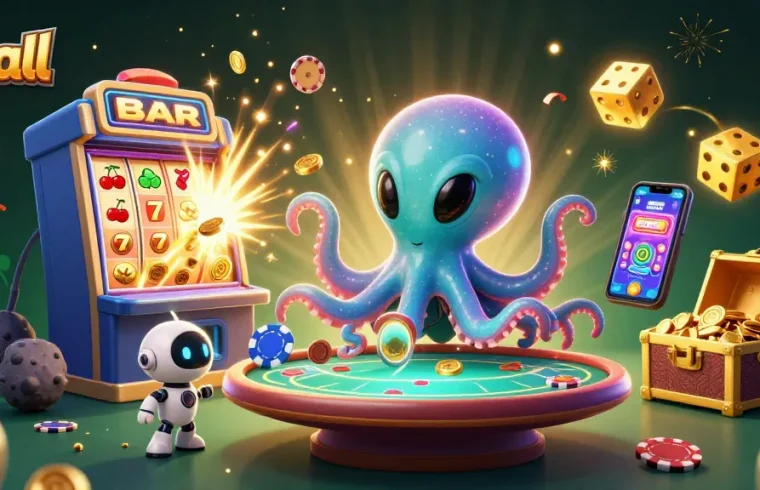 Experience the thrill of 7Ball with an alien octopus operating a poker table in a vibrant casino scene.