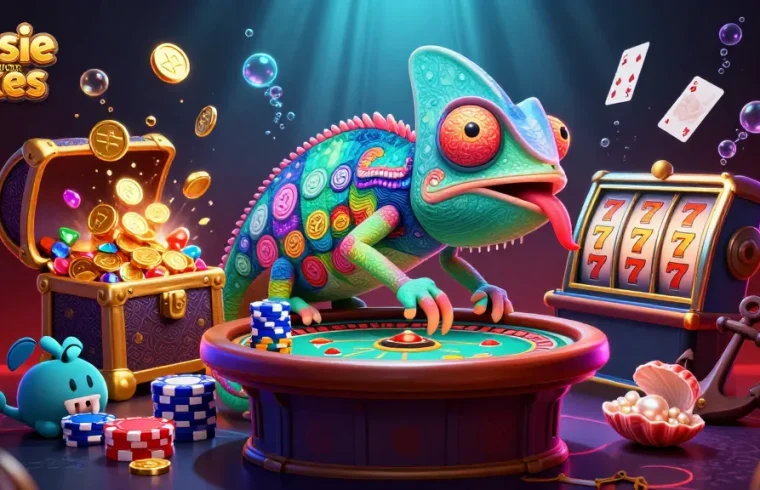 Aussie online pokies with a vibrant chameleon owner and dynamic gaming elements.